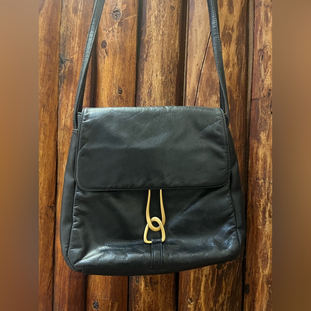 Vintage Black Leather Crossbody Bag with Gold Accent